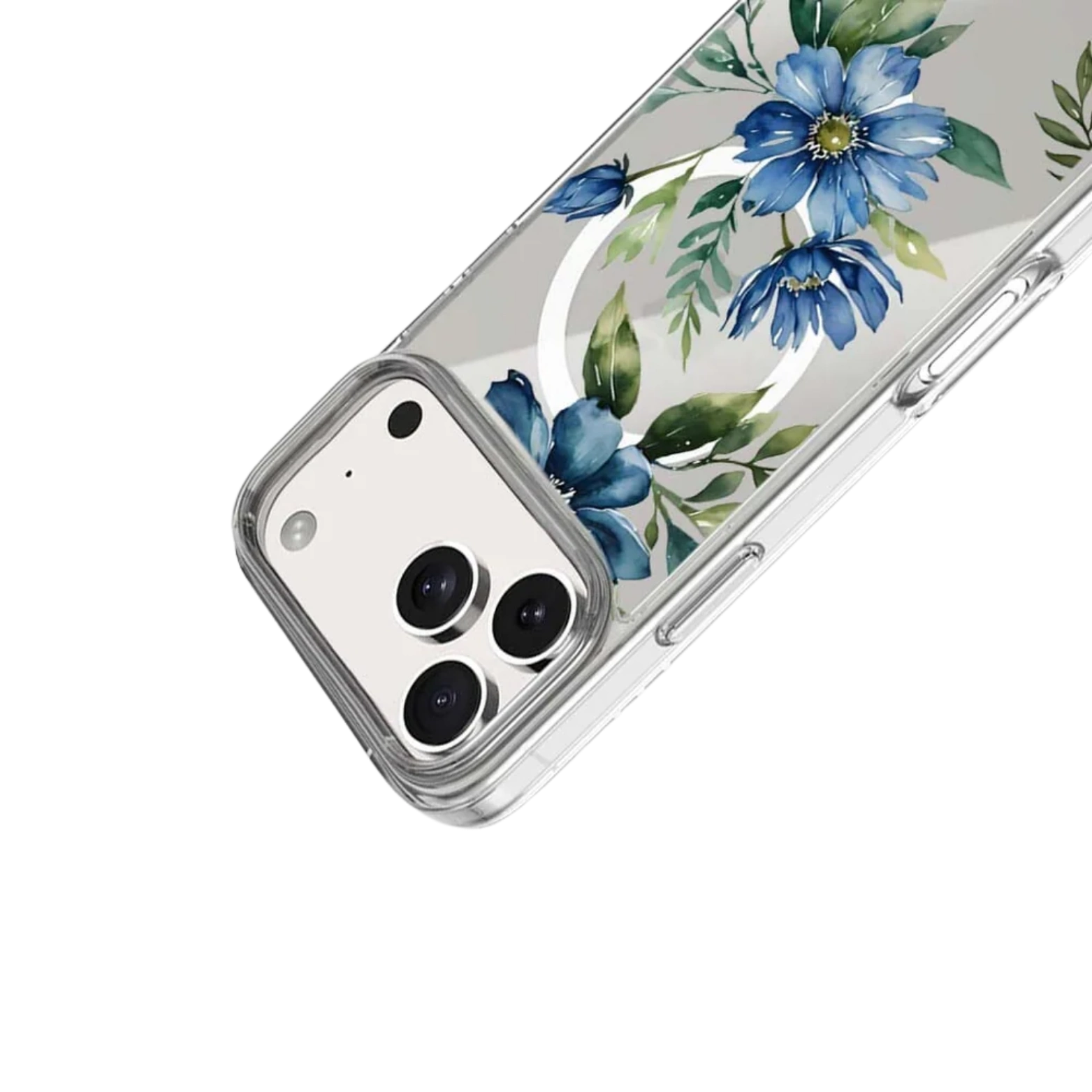 MagSafe iPhone 17 Pro Max Blue Floral Clear Case