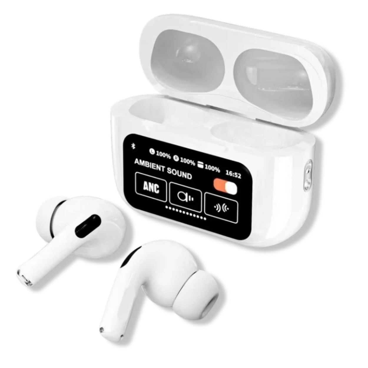 Close-up of ANC ENC earbuds showing in-ear fit and touch control surface.