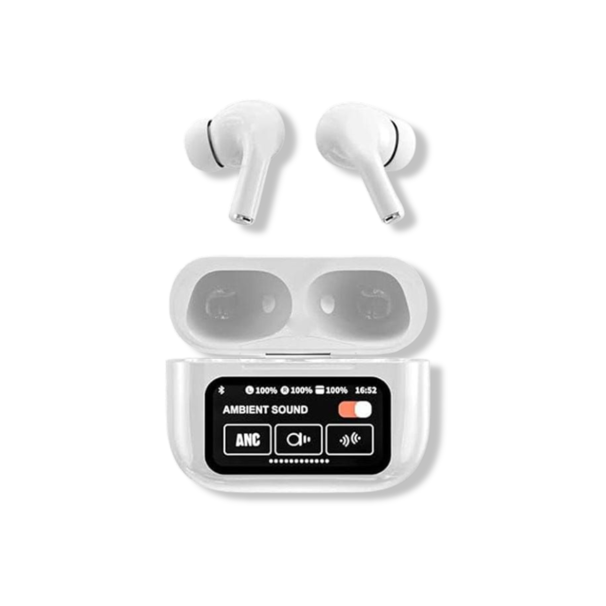 ANC ENC wireless earbuds in black with compact USB-C charging case.