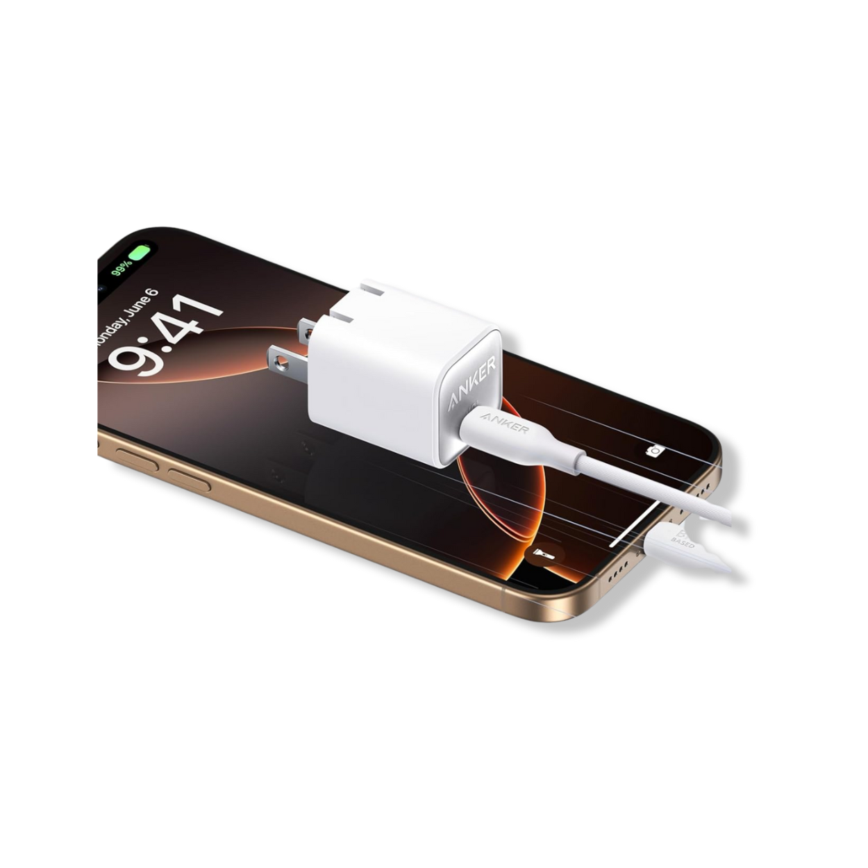 Angled photo showing Anker Nano 3 30W compact USB-C charger