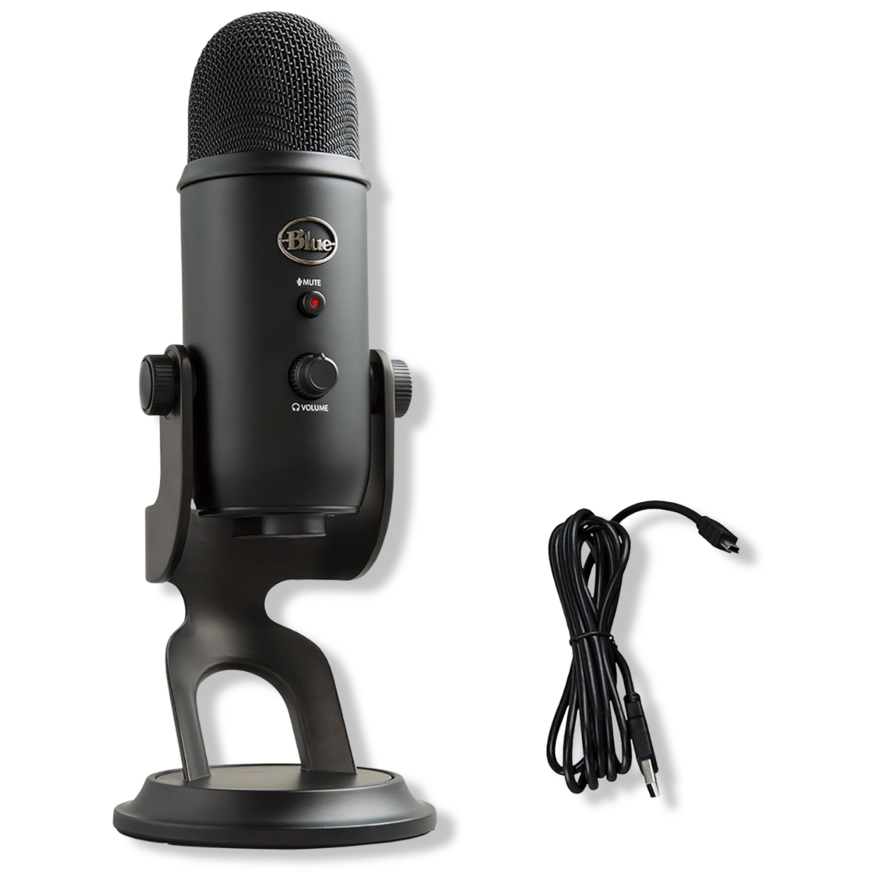 Blue Yeti USB mic showing pattern selector, gain knob, mute button, and headphone jack