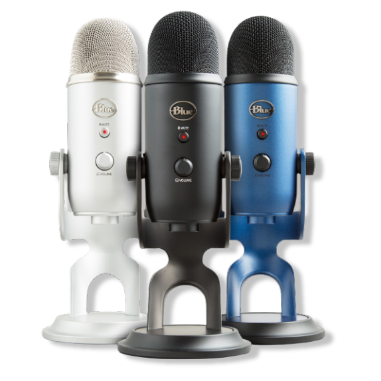 Blue Yeti premium multi-pattern USB microphone on desktop stand, front view