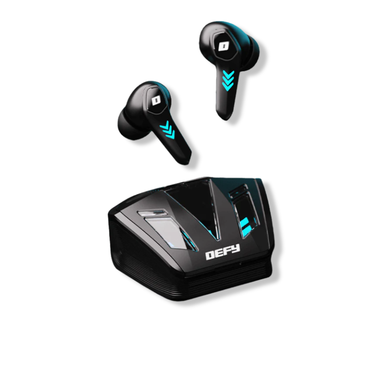 Angled close-up of DEFY Gravity Turbo TWS showing LED accents