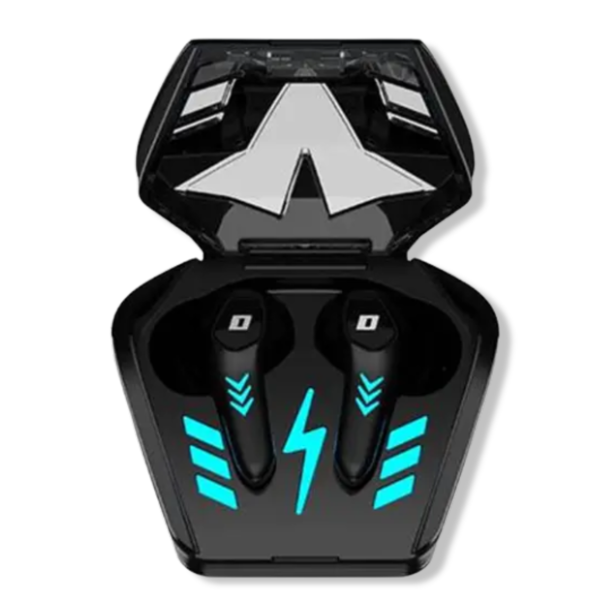 DEFY Gravity Turbo gaming earbuds front view with charging case