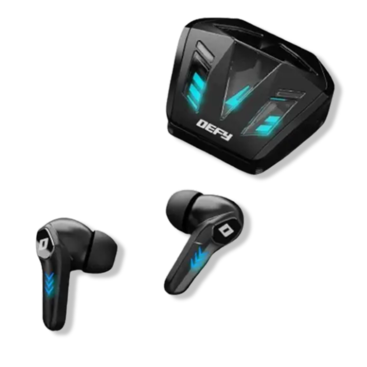 DEFY Gravity Turbo earbuds on desk beside smartphone, gaming setup