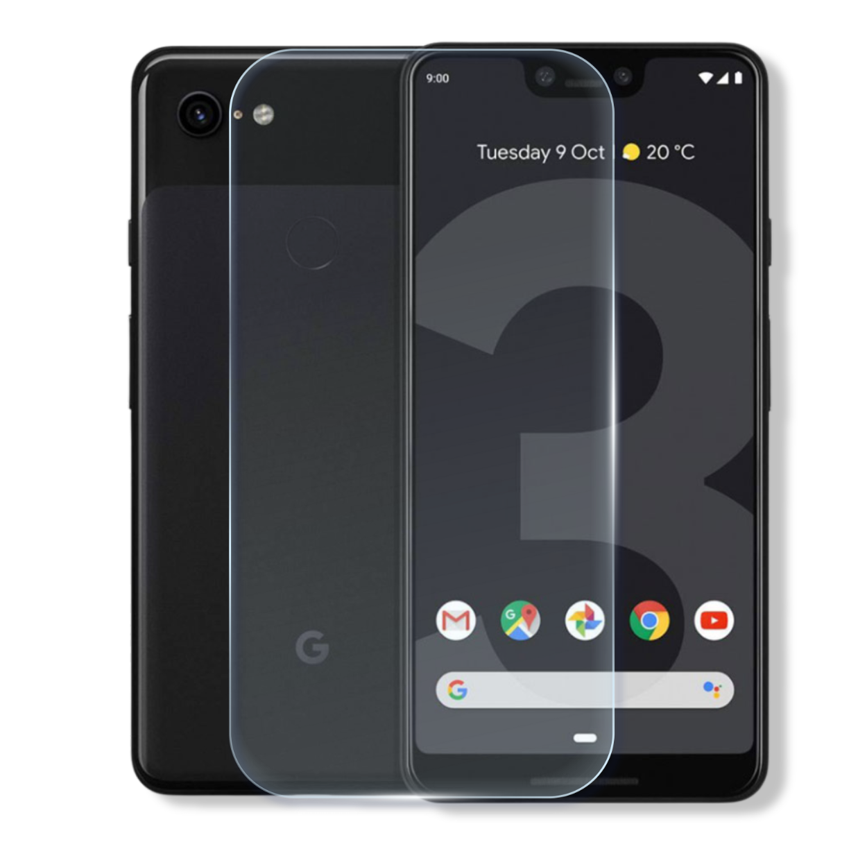 Google Pixel 3 XL tempered glass screen protector with edge-to-edge full coverage and 9H scratch resistance.