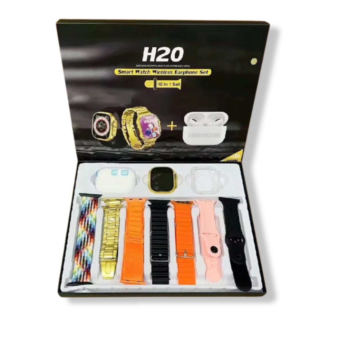 H20 Smart Watch with magnetic charging cable and accessories for easy setup.