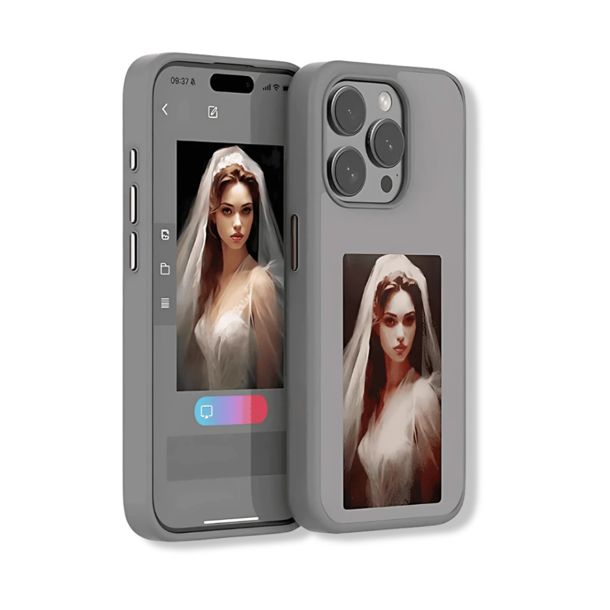 Built-in NFC tag on iPhone 15 Pro Max case demonstrating tap-to-launch shortcut setup.