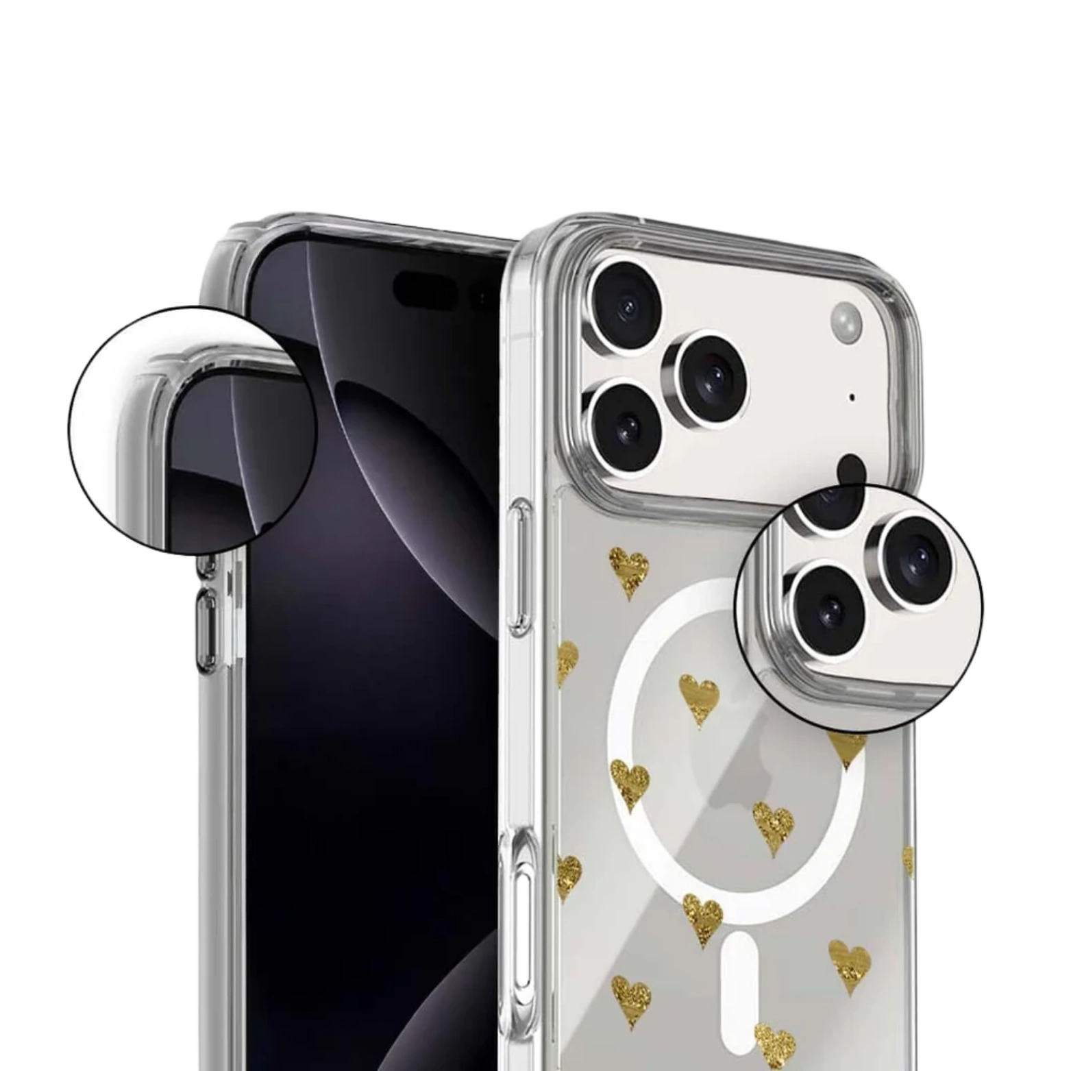 iPhone 17 Pro Max Gold Hearts Clear Case With MagSafe