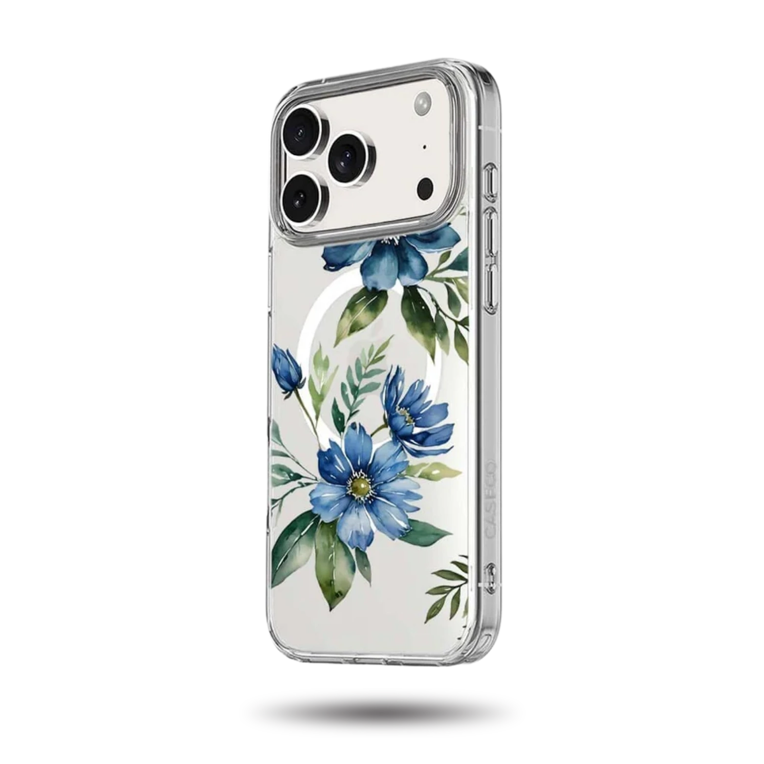 MagSafe iPhone 17 Pro Max Blue Floral Clear Case