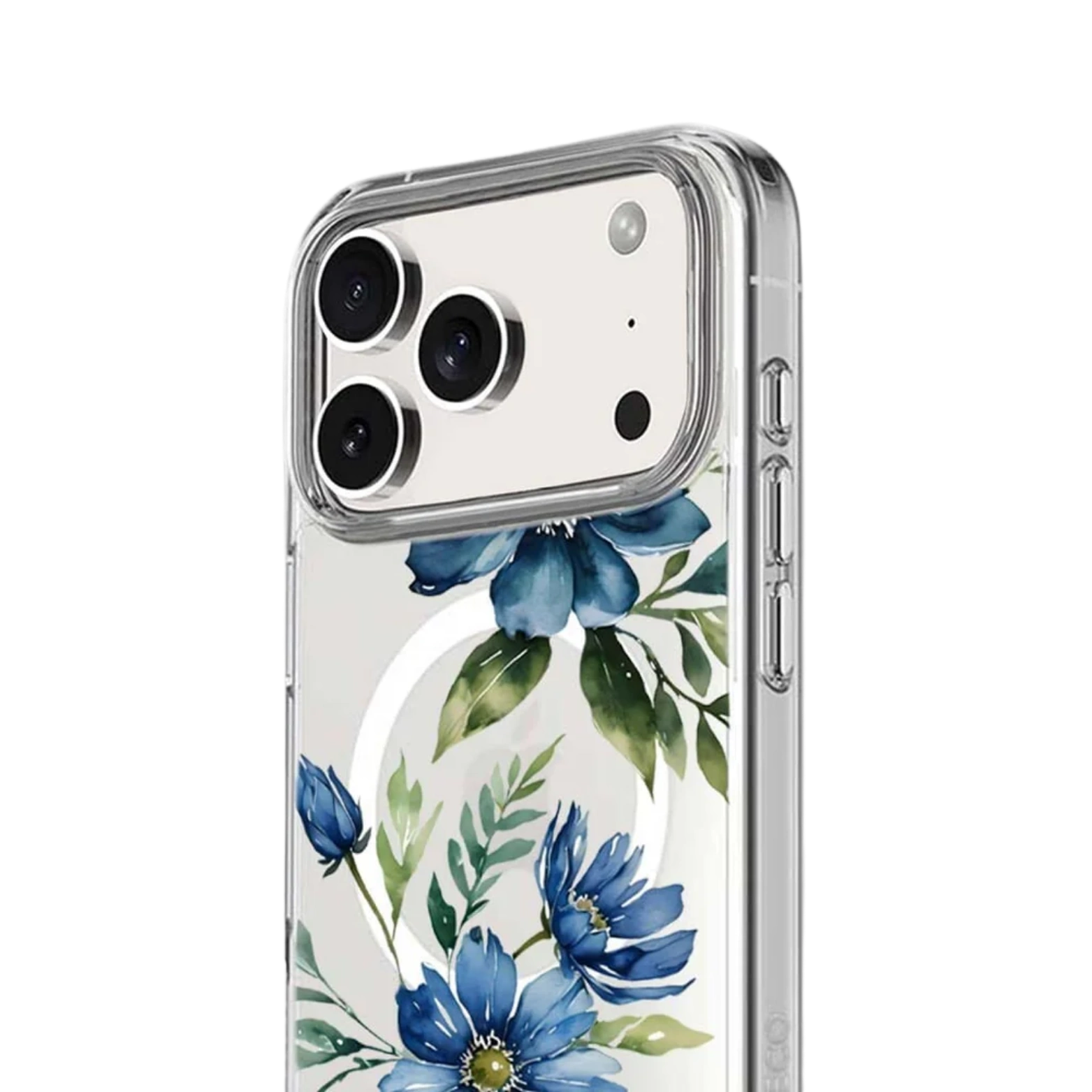 MagSafe iPhone 17 Pro Max Blue Floral Clear Case