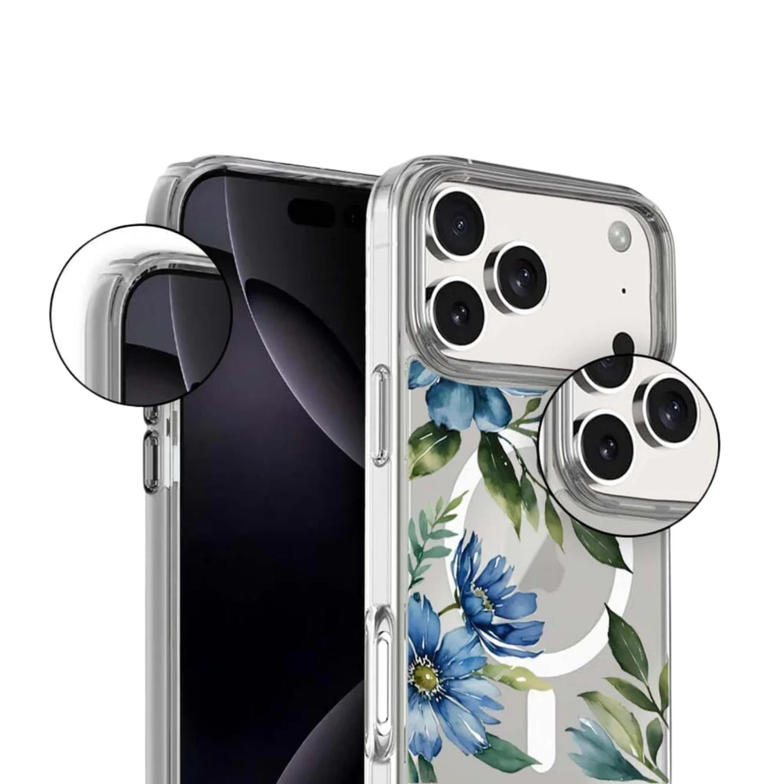 MagSafe iPhone 17 Pro Max Blue Floral Clear Case