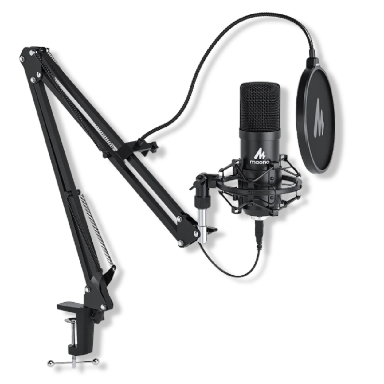 Maono AU-A04 condenser microphone mounted on boom arm in a home studio desk setup