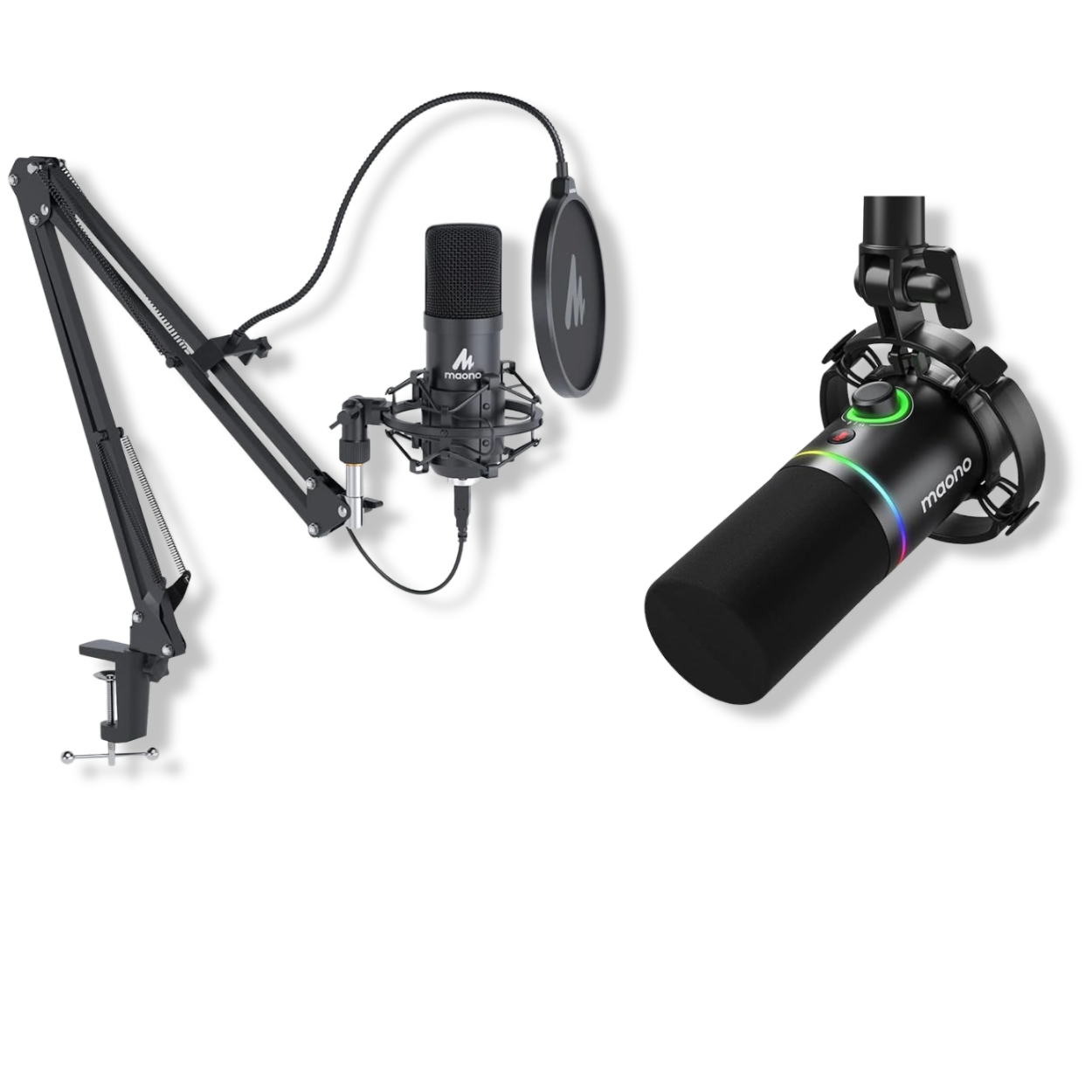 Close-up of Maono AU-A04 condenser microphone capsule and metal shock mount in black