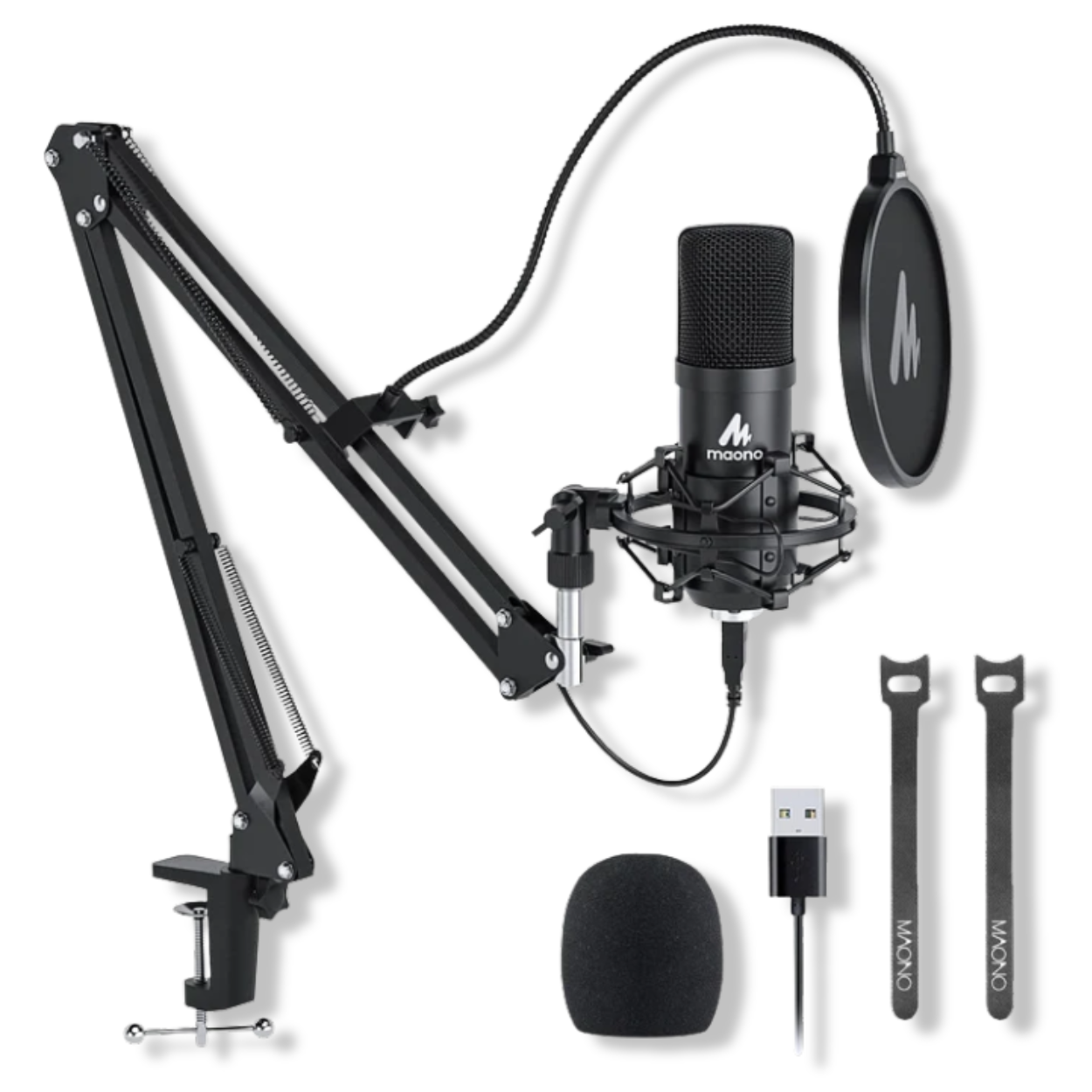 Maono AU-A04 USB podcast microphone kit in black with boom arm and pop filter