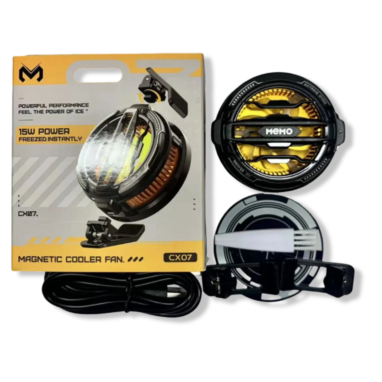 Retail box, magnetic pad/back clip and USB-C cable for MEMO CX08 cooler