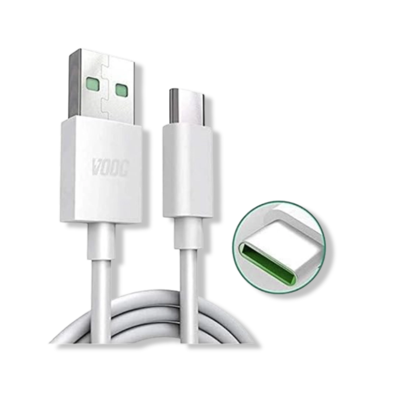 Close-up of USB-A and USB-C connectors on OPPO VOOC 65W cable