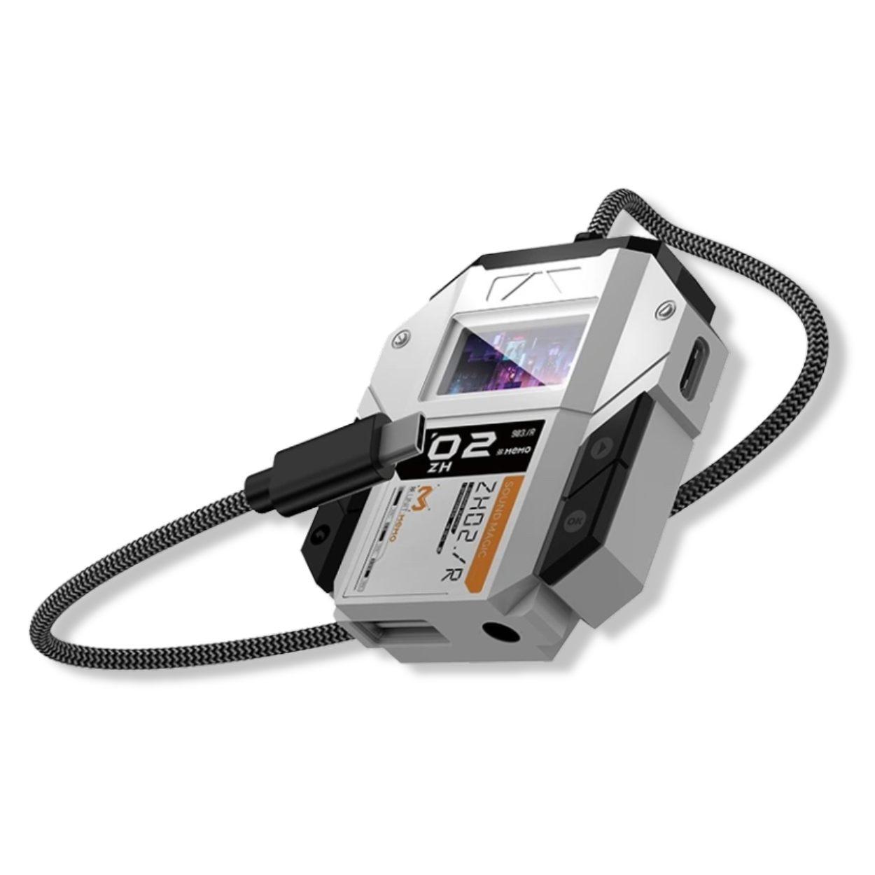  Angled close-up of Plextone GS USB-C to 3.5mm audio adapter with charge pass-through