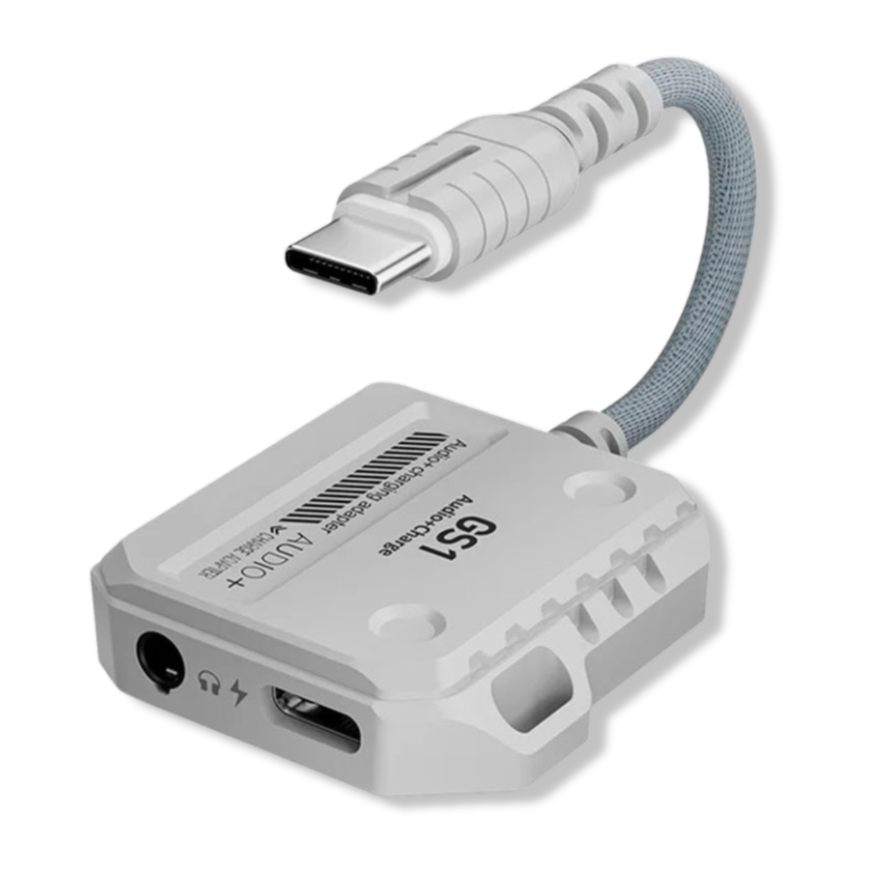 Front view of Plextone GS gaming adapter with USB-C and 3.5mm ports
