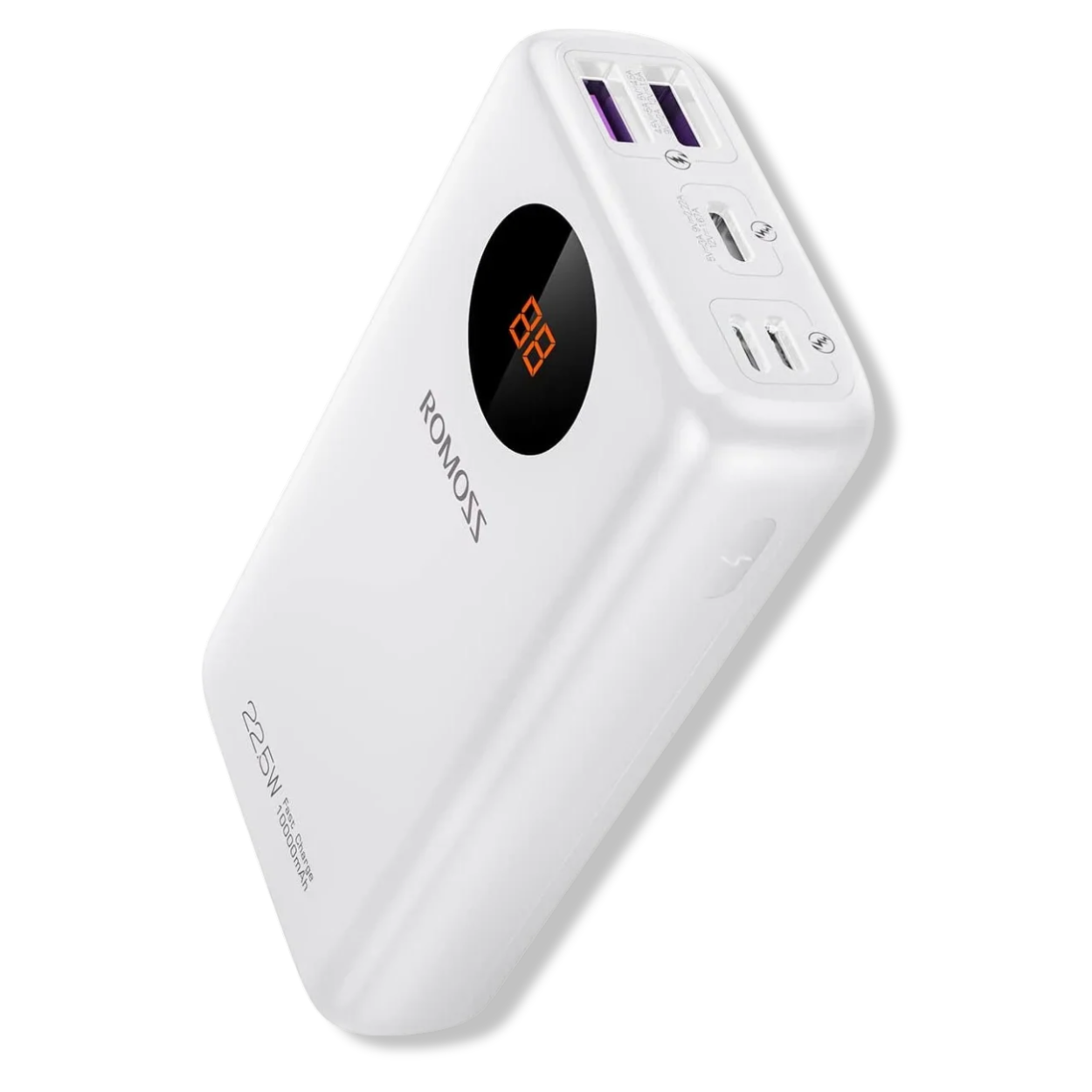 Romoss Power Bank 10000mAh 22.5W front view. White romoss mini power bank 10000mah.