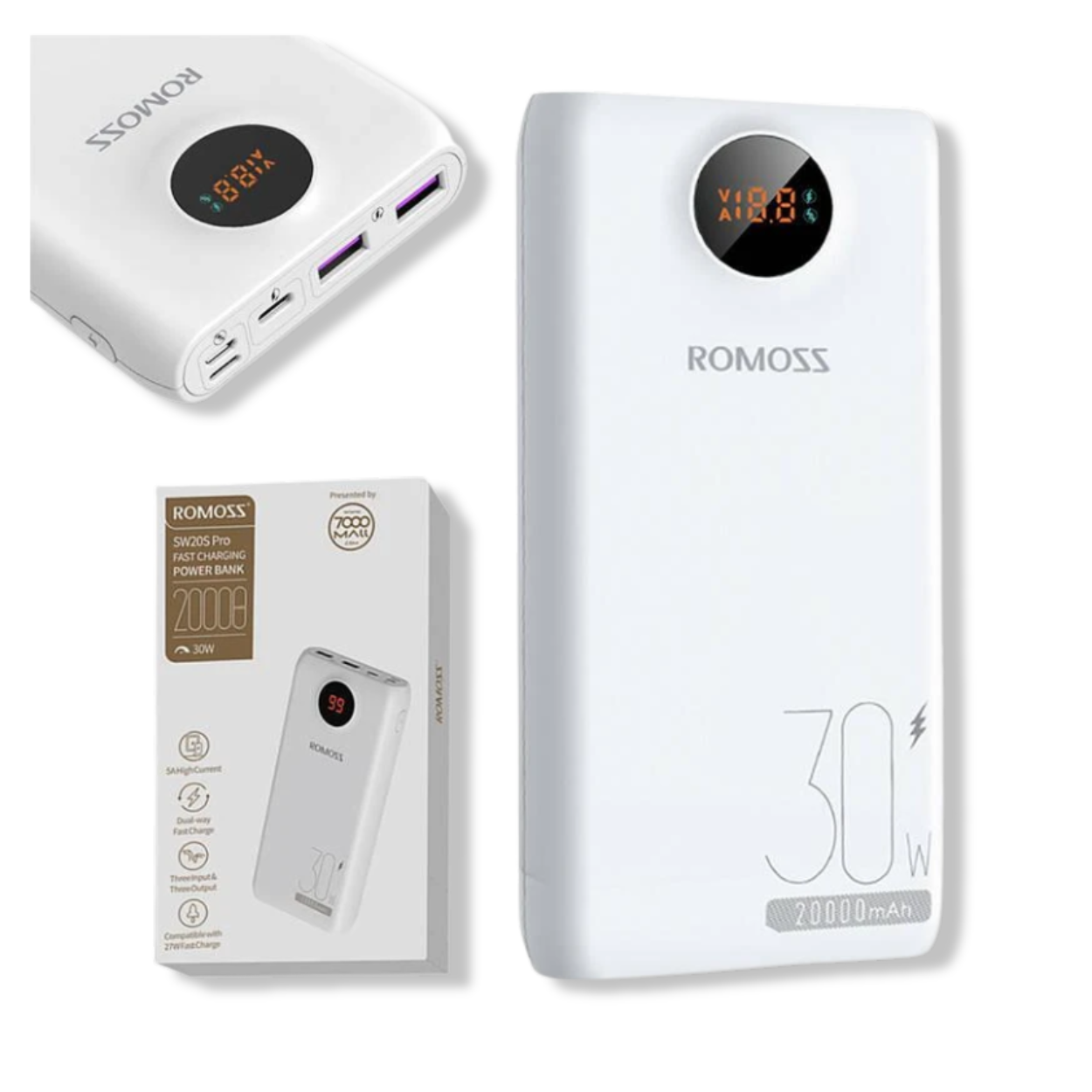 Compact ROMOSS 20,000mAh portable charger placed in travel bag