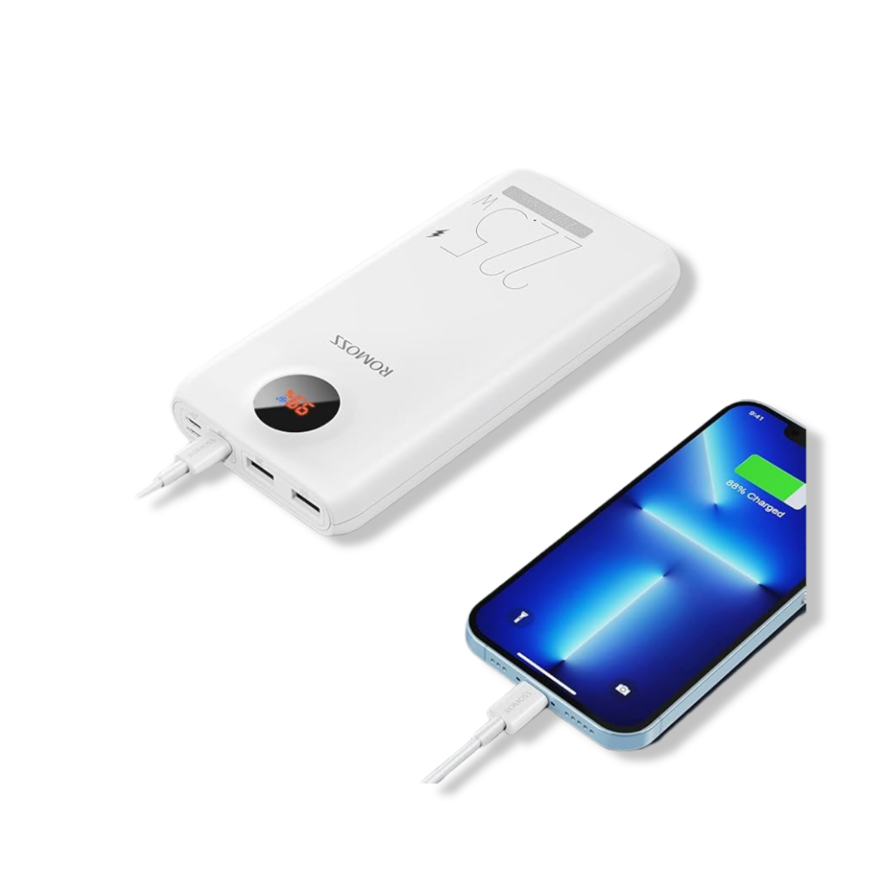 ROMOSS 30W power bank charging a smartphone and earbuds on a desk