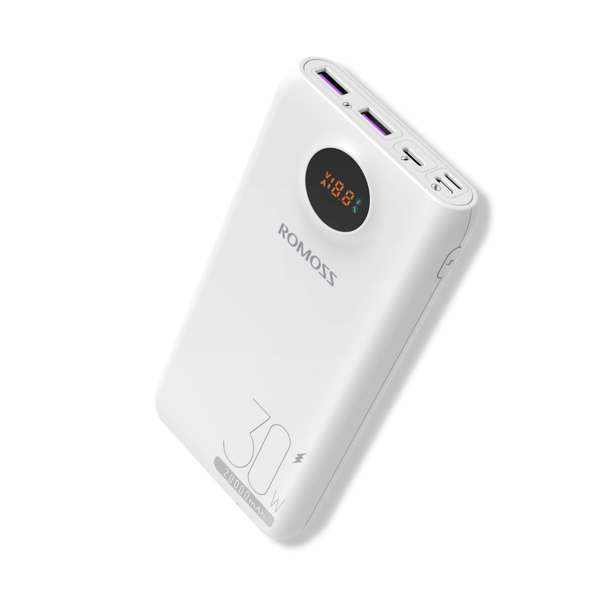 ROMOSS 20,000mAh power bank showing USB-C and dual USB-A ports