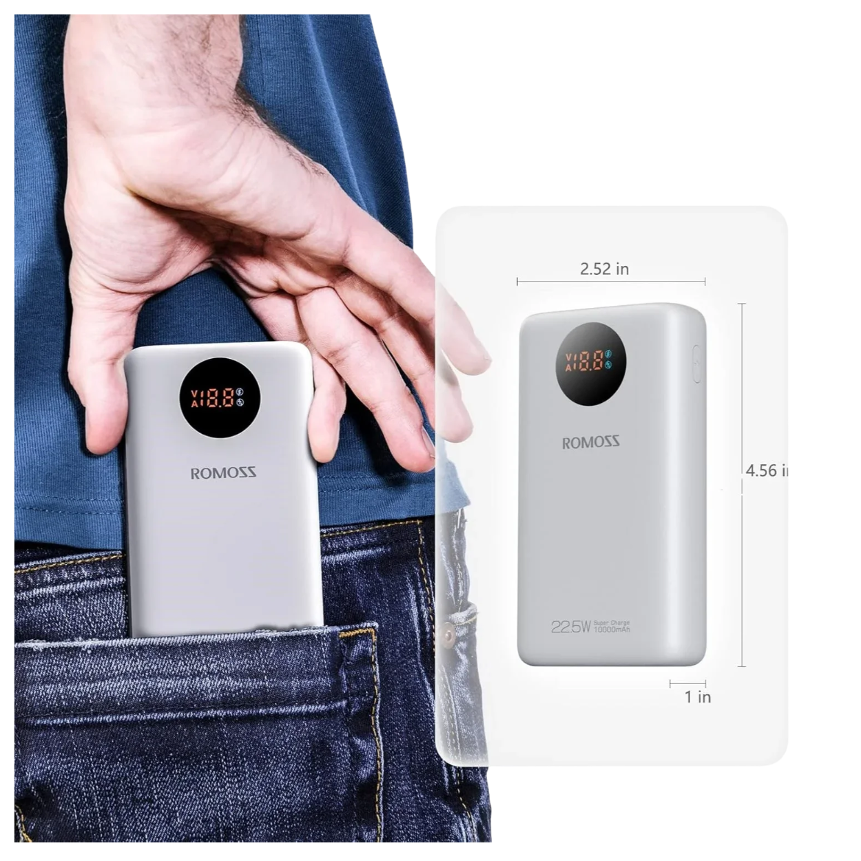 Size comparison for the Romoss Ace series 10000mAh (mini) power bank showing pocket-friendly design.