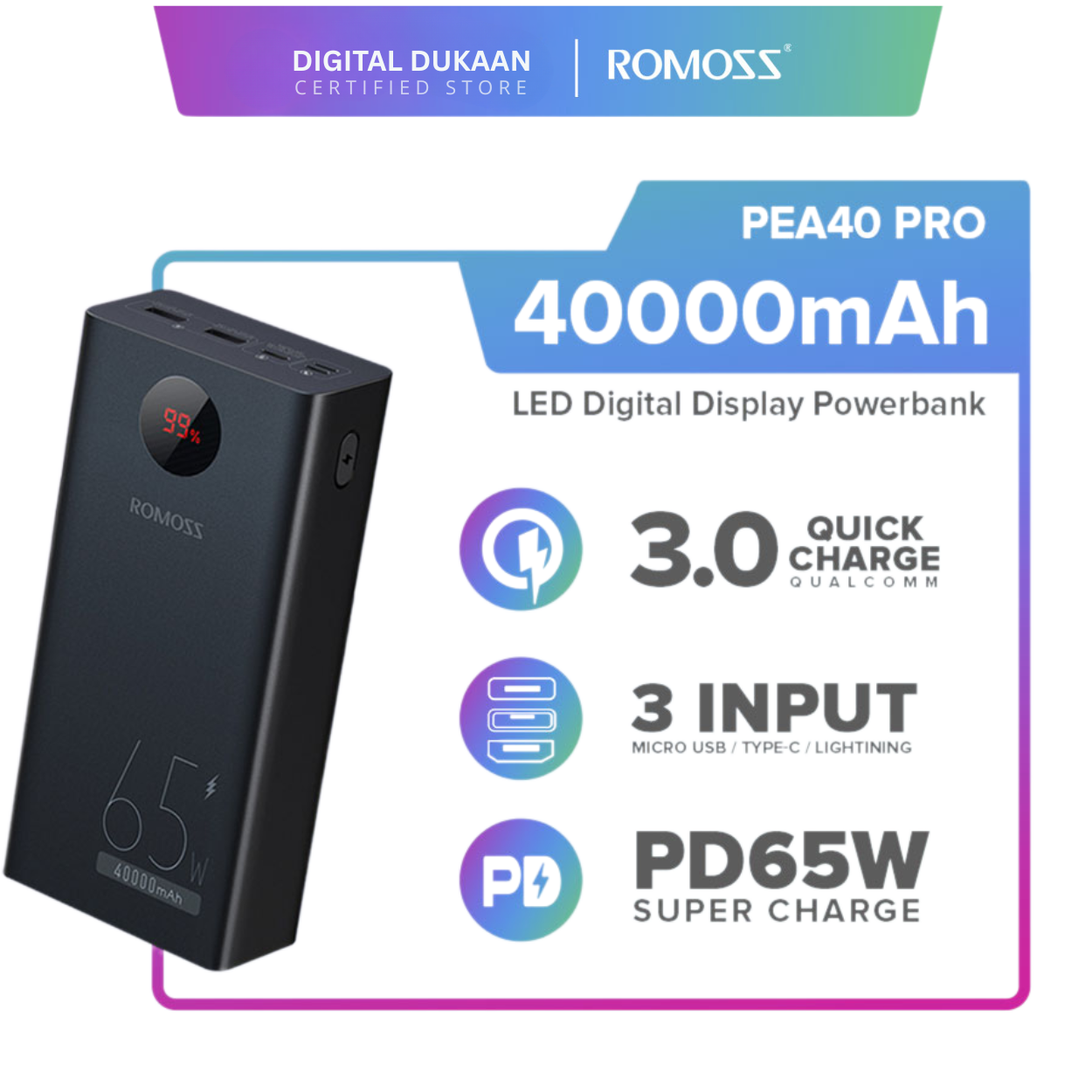 Romoss PEA40 Pro showing its 3 output ports (USB-A and Type-C) for multi-device charging.