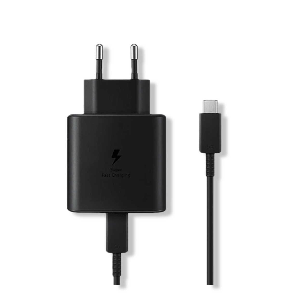 Samsung 45W Super Fast charger on desk charging a USB-C smartphone