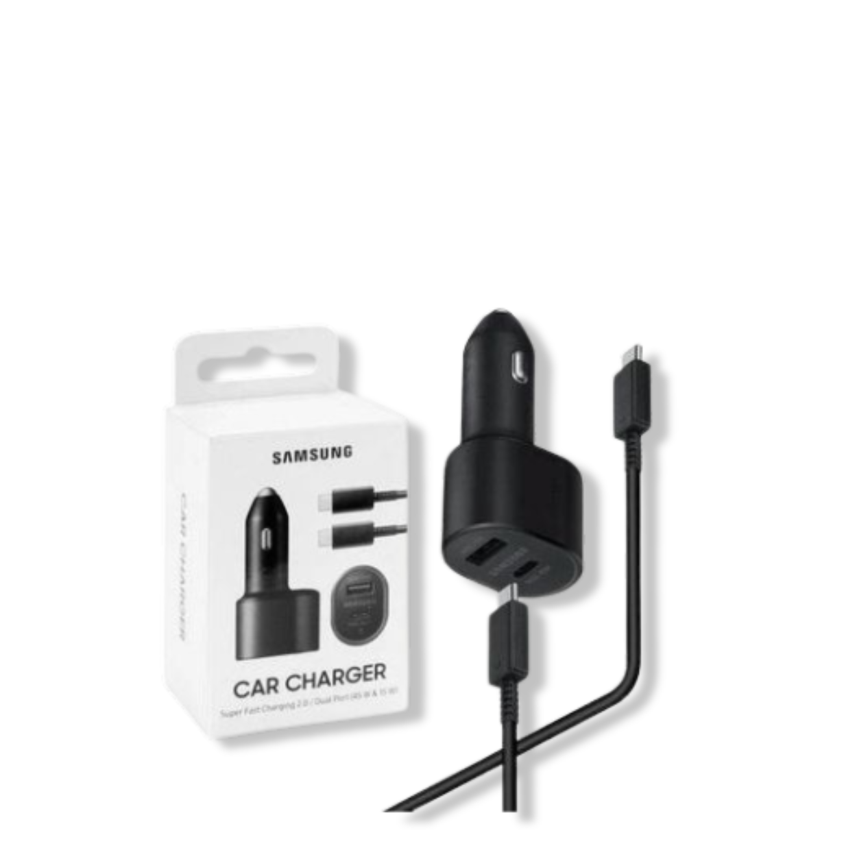 Retail box contents of Samsung 45W + 15W car charger (cable may vary by bundle)