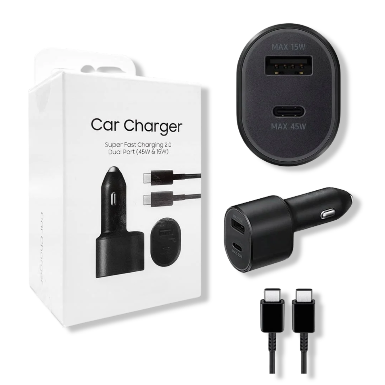 Front view of Samsung car charger with 45W USB-C and 15W USB-A ports