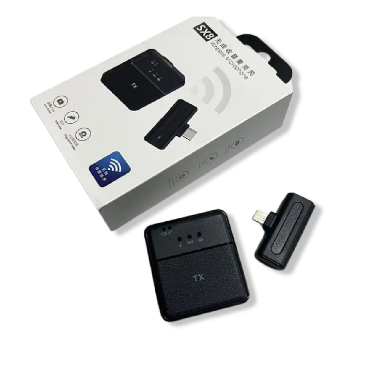 SX8 wireless mic with USB-C charging cable and foam windscreen accessories.