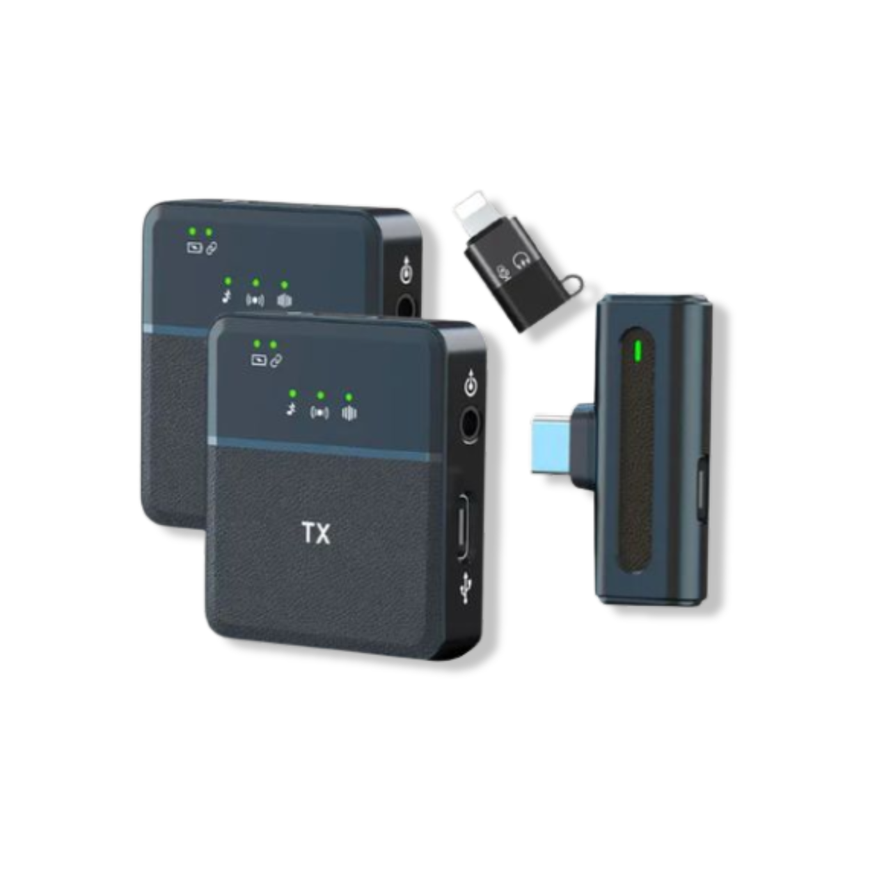 SX8 wireless microphone kit showing clip-on transmitter and compact plug-in receiver.