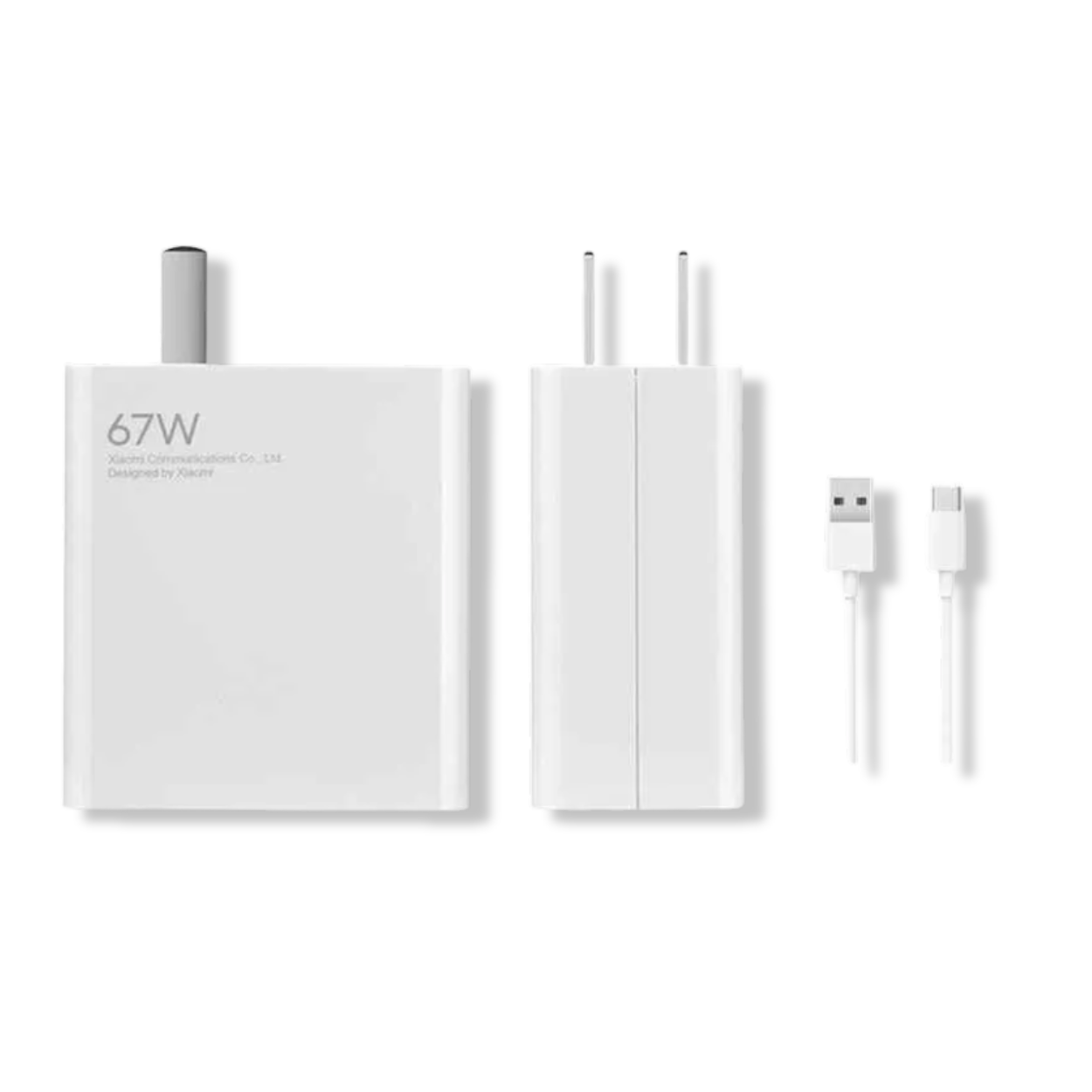 Front view of Xiaomi 67W GaN fast charger with dual USB-C and USB-A ports