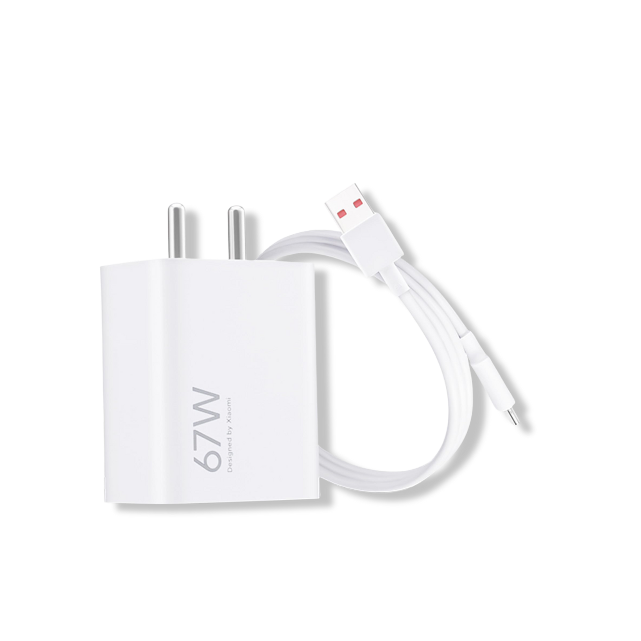 Xiaomi 67W GaN charger on desk powering phone and laptop via USB-C