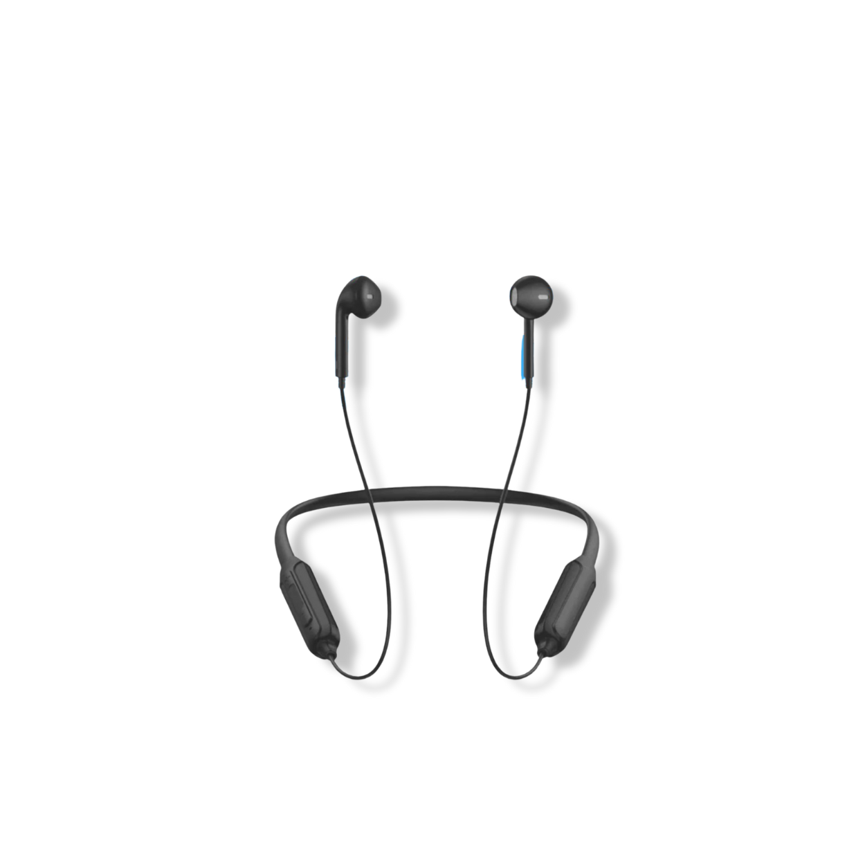 ZedX Z48 wireless neckband earphones in Dust Blue showing magnetic earbuds and inline volume/call controls.